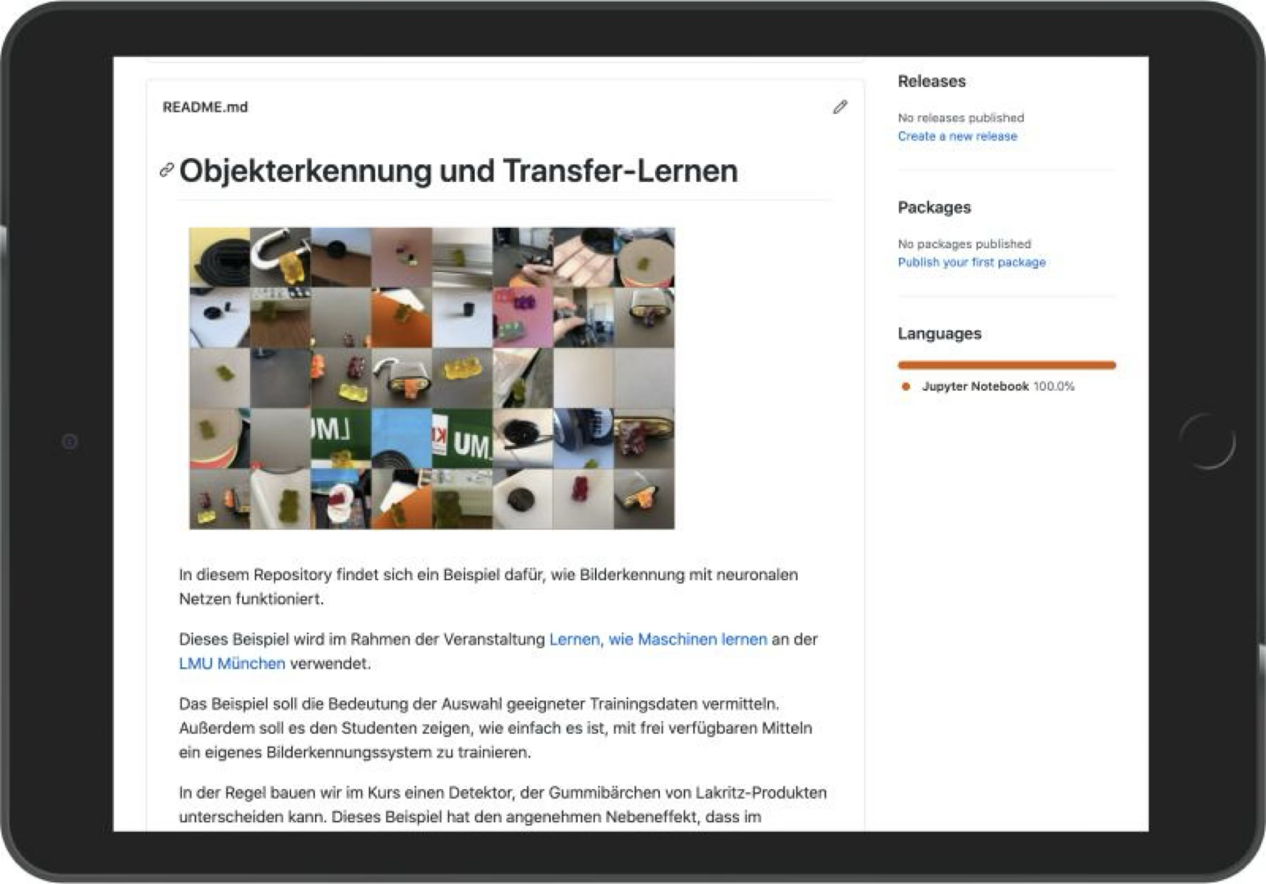 Machine Learning Tutorials GitHub site displayed on iPad